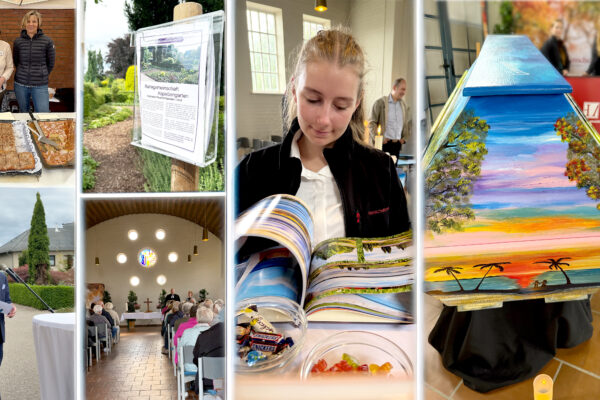 Tag des offenen Friedhofs in Garbsen-Horst: Messestand von Henschel Bestattungen mit bemaltem Künstlersarg und Künstlerurne